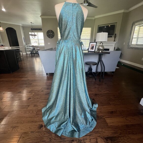 Juliet Formal Gown Size XXL Prom HOCO Dress Teal Sparkle Lace Up Sides High Neck - Picture 9 of 17
